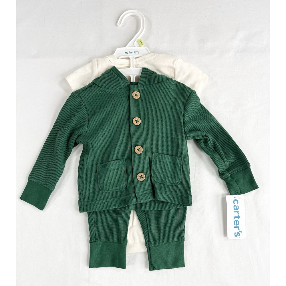 Carter's Baby 3M 3 Piece Hooded Thermal Cardigan‎ Bodysuit Pants Outfit Set NWT